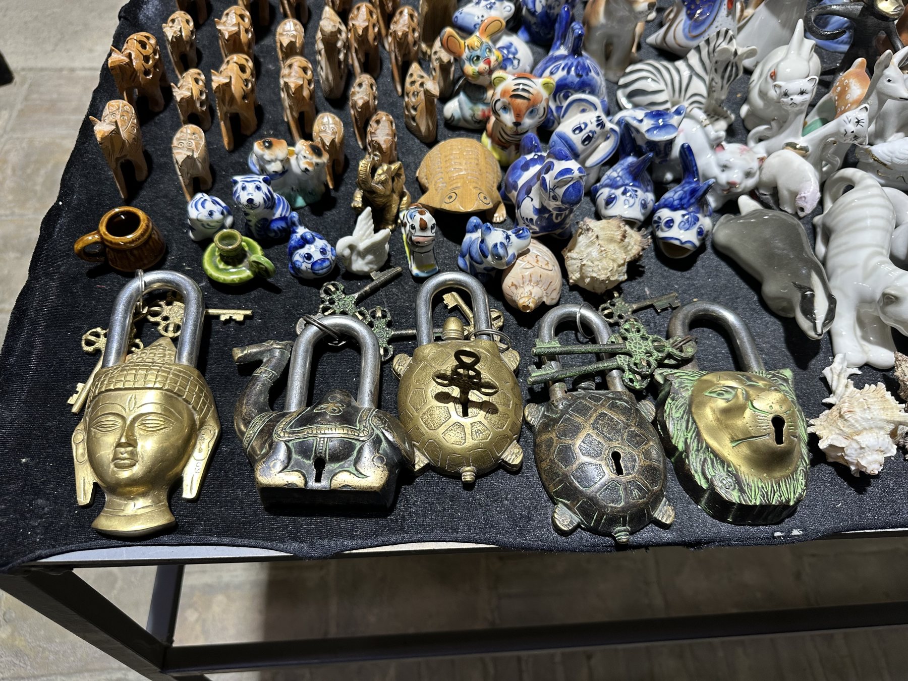 Metal locks and ceramic souvenirs at a Bukhara shop