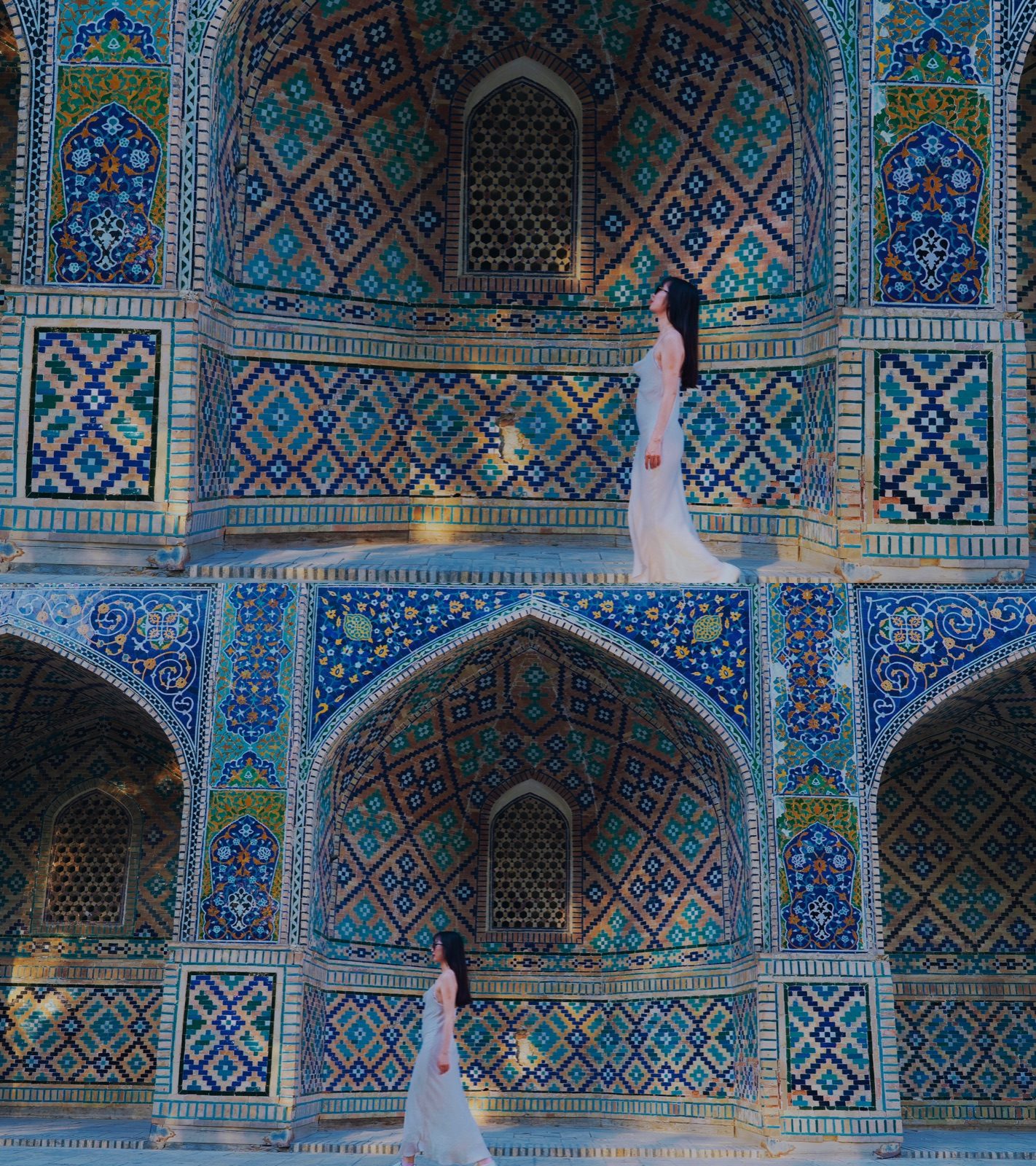 Two views of a traveler beside blue and turquoise madrasa tilework in Bukhara